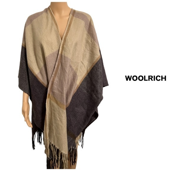 Woolrich Womens One Size Shawl Wrap Gray Beige Purple Plaid with Fringe - Picture 1 of 8